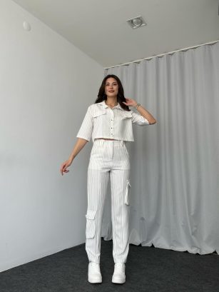 Cep Detaylı Pantalon-Gömlek Takım (Beyaz)