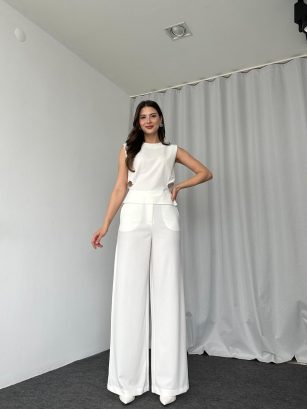 Bel Detaylı Bluz-Plazzo Takımı (Beyaz)