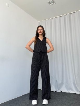 Çizgili Yelekli Takım (Siyah)