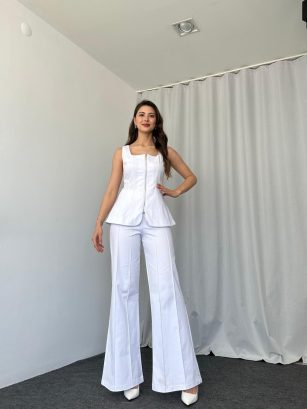 Kadın Beyaz Abbey Yelek-Plazzo Takım