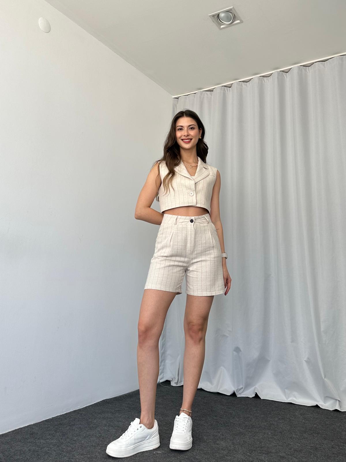 Keten Kırmızı Çizgili Şort Takım - Görsel 3