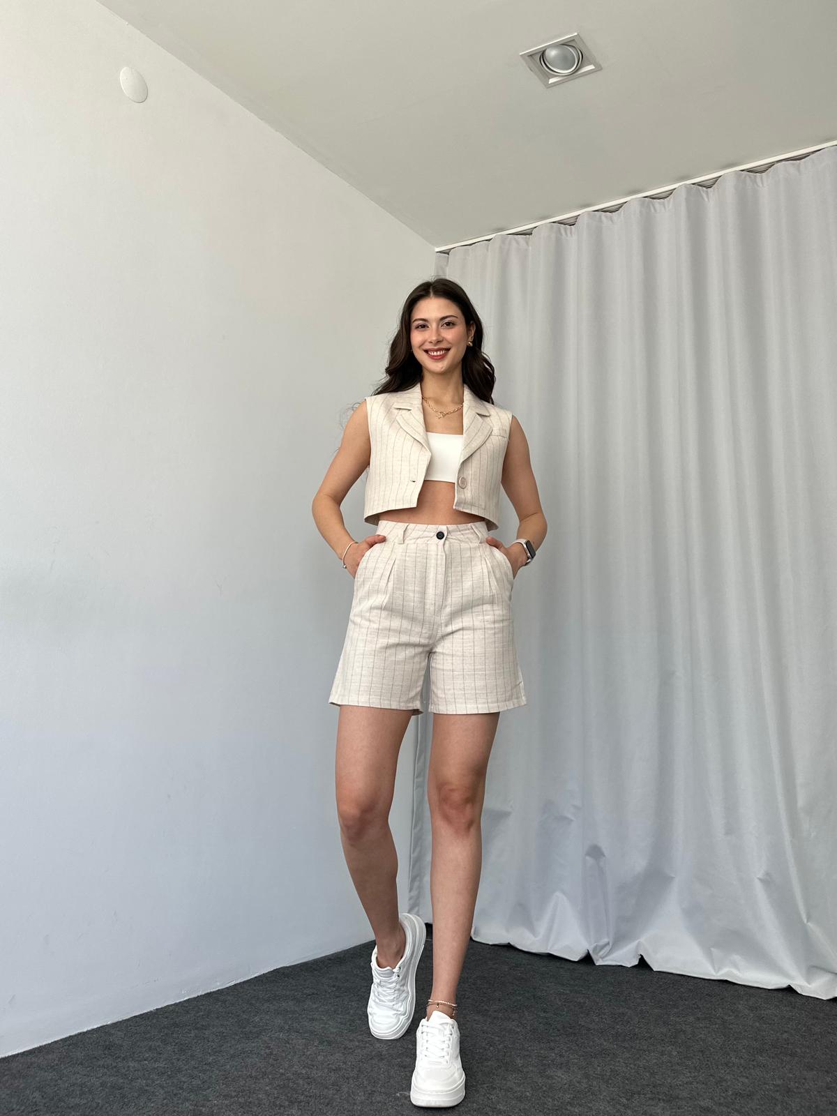 Keten Kırmızı Çizgili Şort Takım - Görsel 6