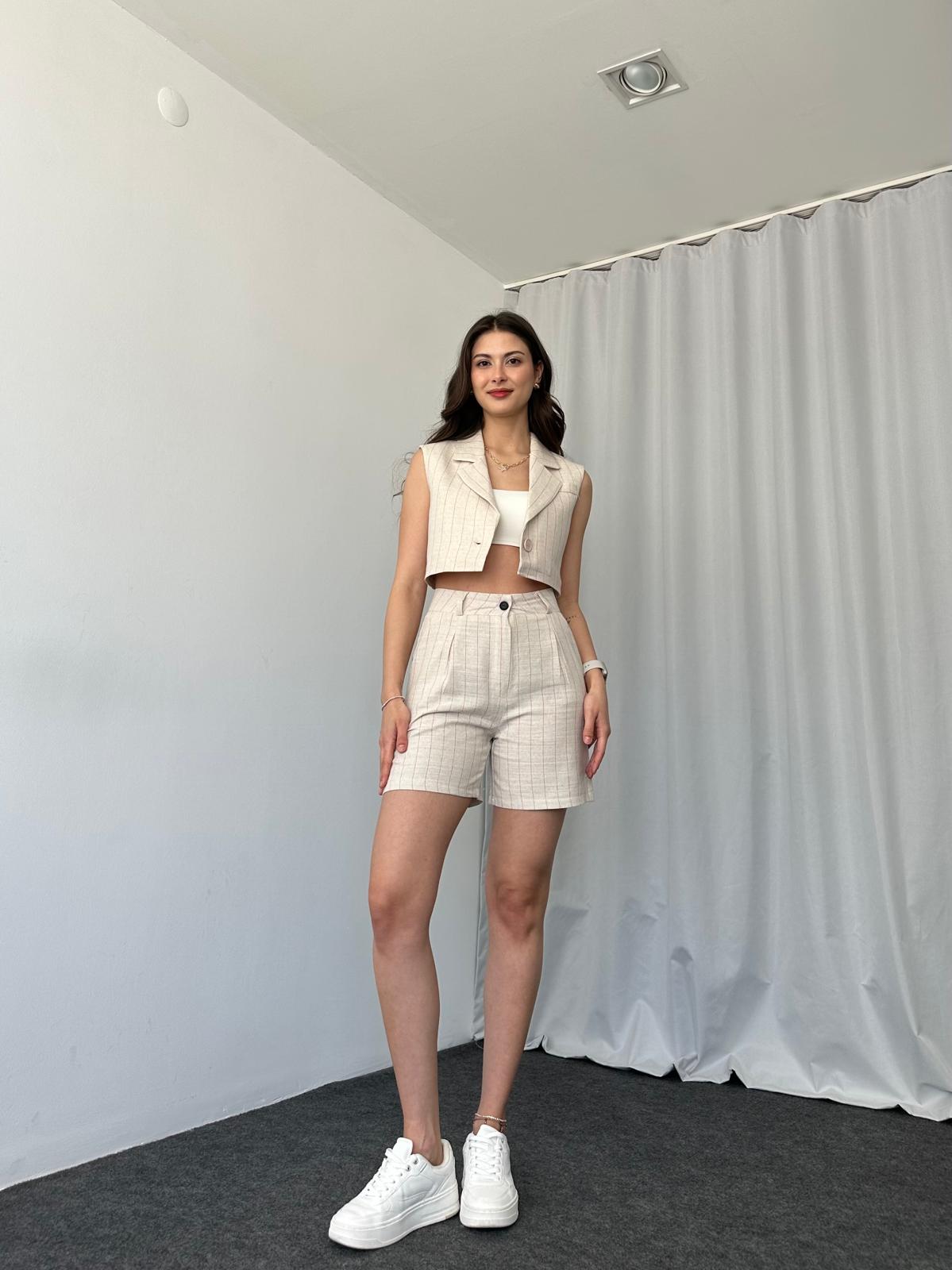 Keten Kırmızı Çizgili Şort Takım - Görsel 7