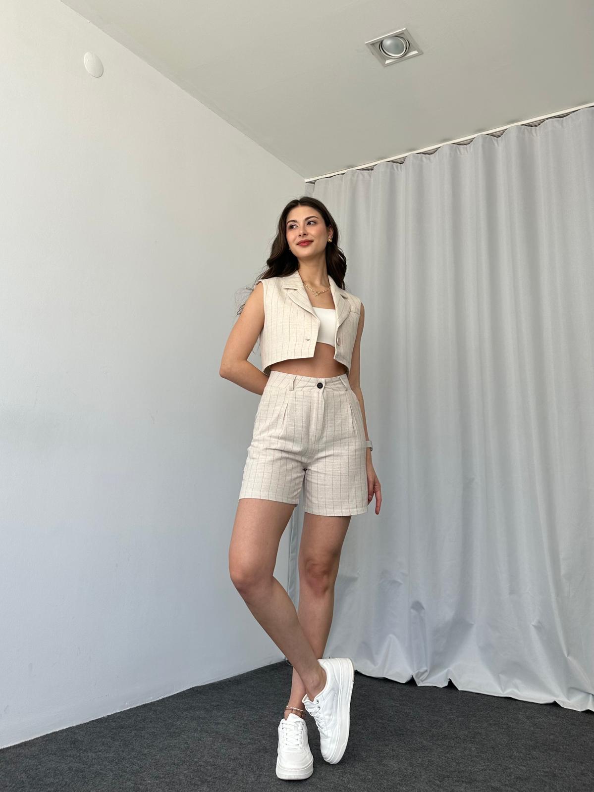 Keten Kırmızı Çizgili Şort Takım - Görsel 10