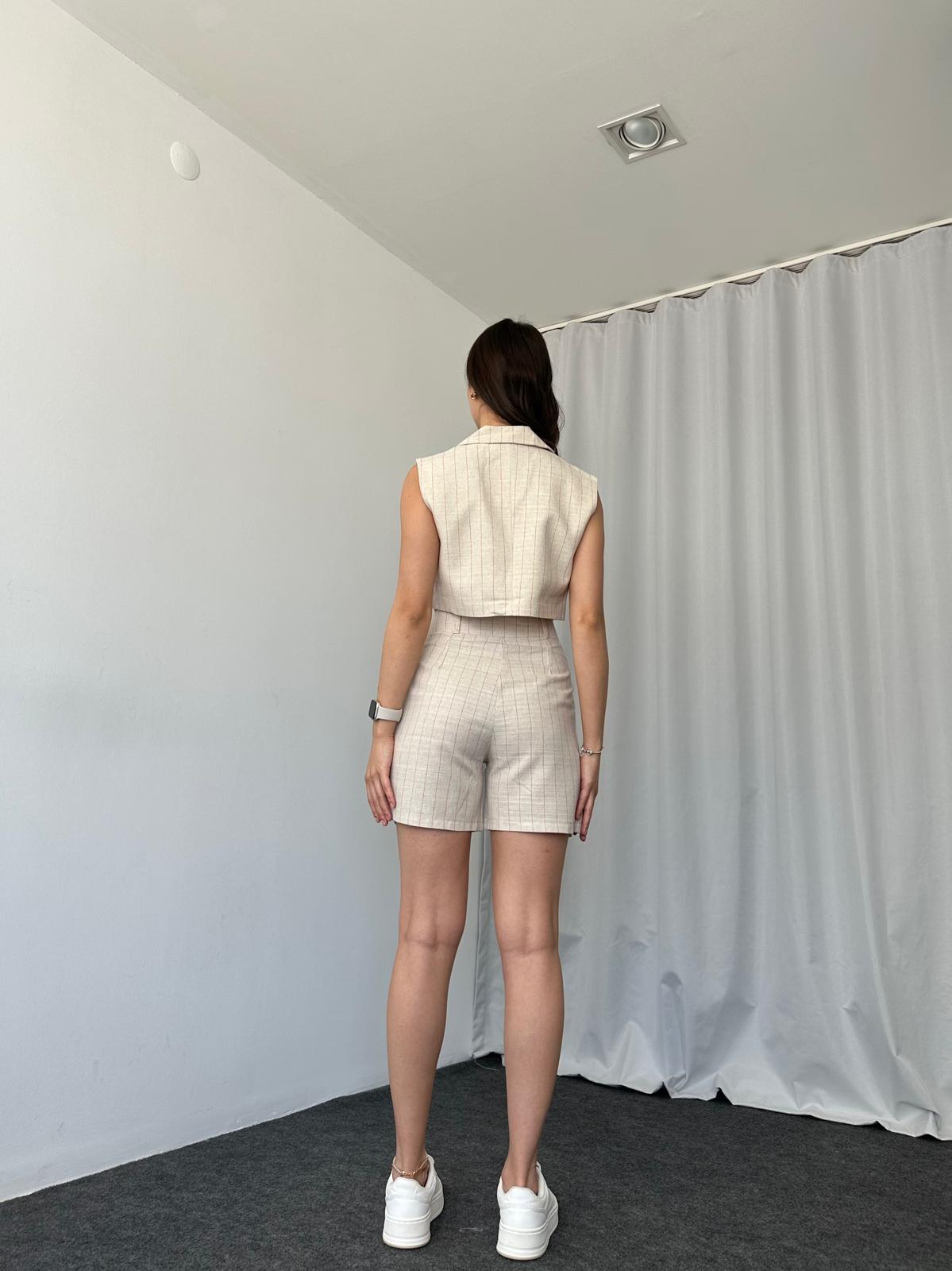 Keten Kırmızı Çizgili Şort Takım - Görsel 8