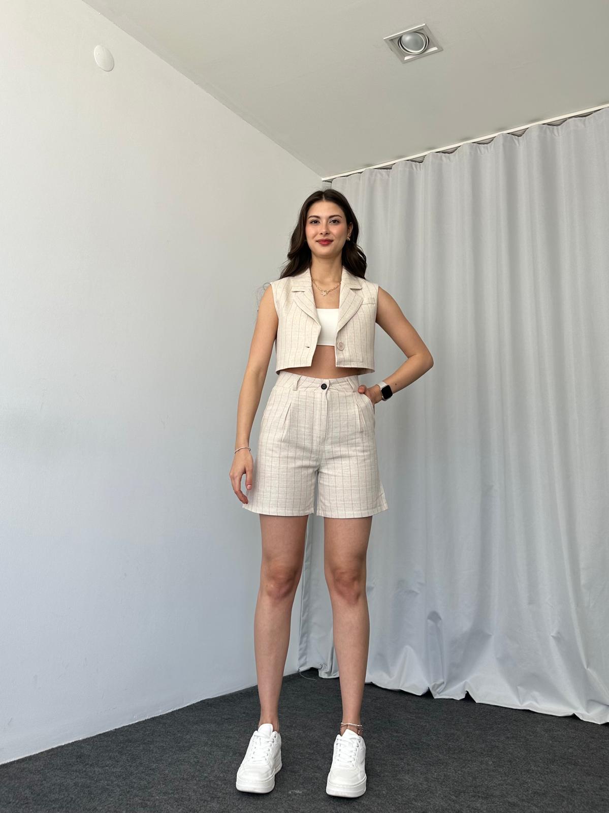 Keten Kırmızı Çizgili Şort Takım - Görsel 9