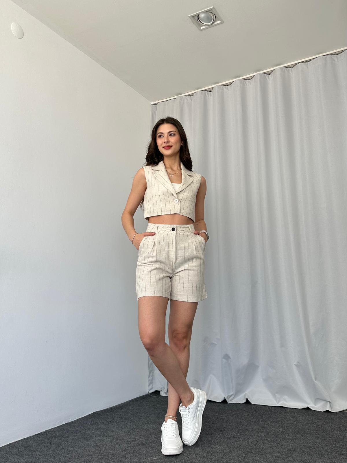 Keten Mavi Çizgili Şort Takım - Görsel 2