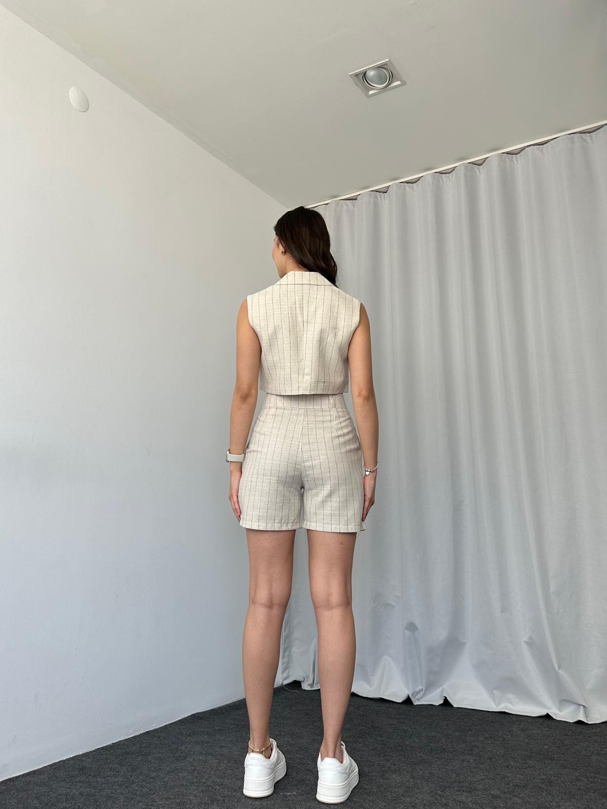 Keten Mavi Çizgili Şort Takım - Görsel 6