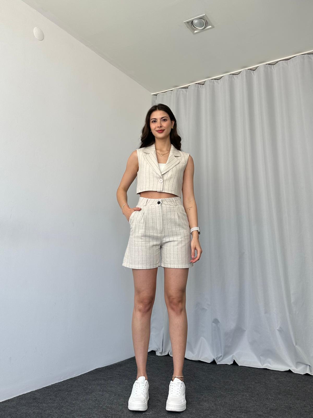 Keten Mavi Çizgili Şort Takım - Görsel 7