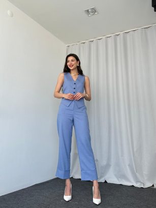 Kadın Mavi Double Paça Pantalon-Yelek Takım