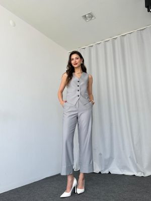 Kadın Gri Double Paça Pantalon-Yelek Takım