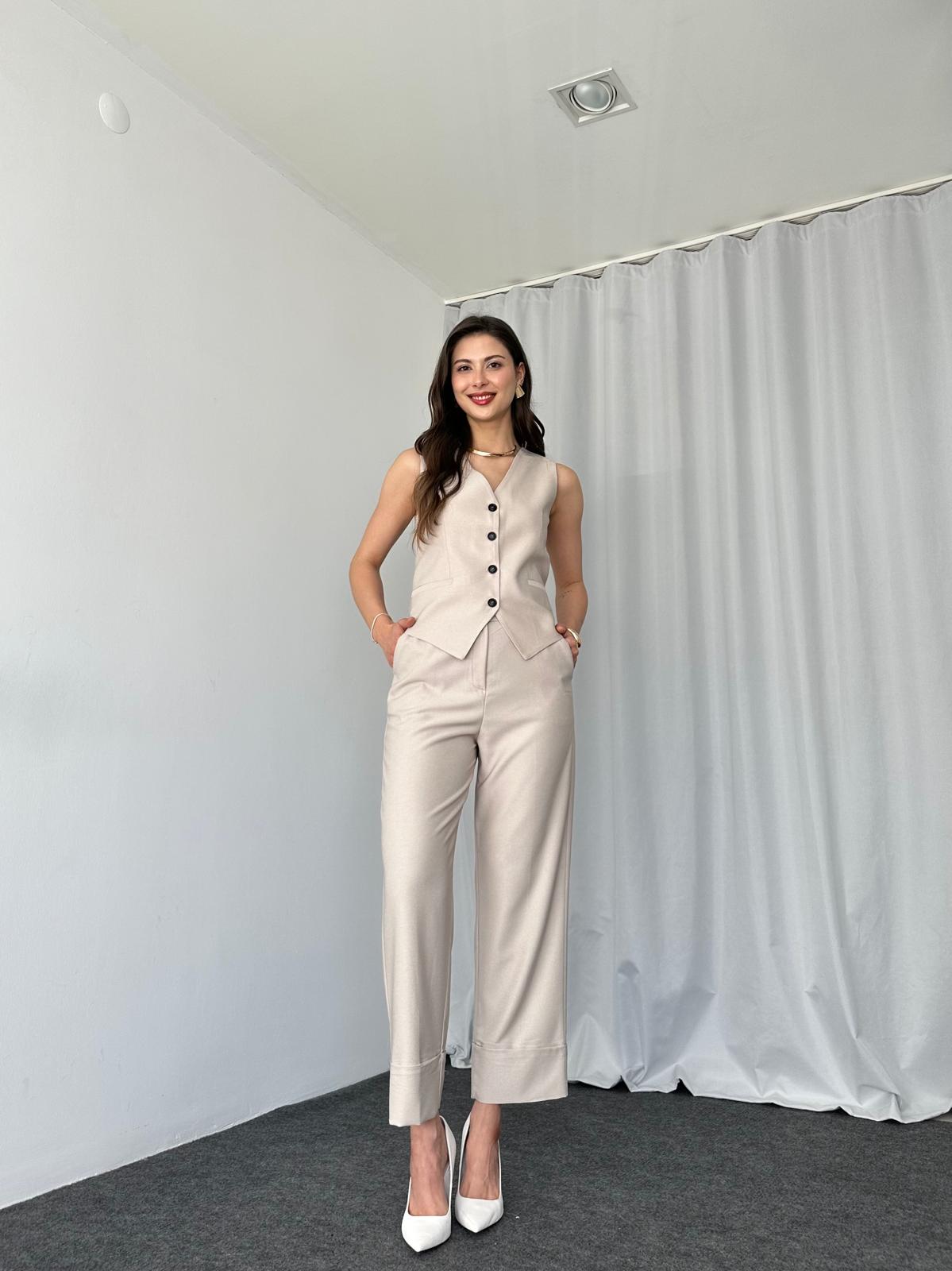 Kadın Taş Rengi Double Paça Pantalon-Yelek Takım - Görsel 2