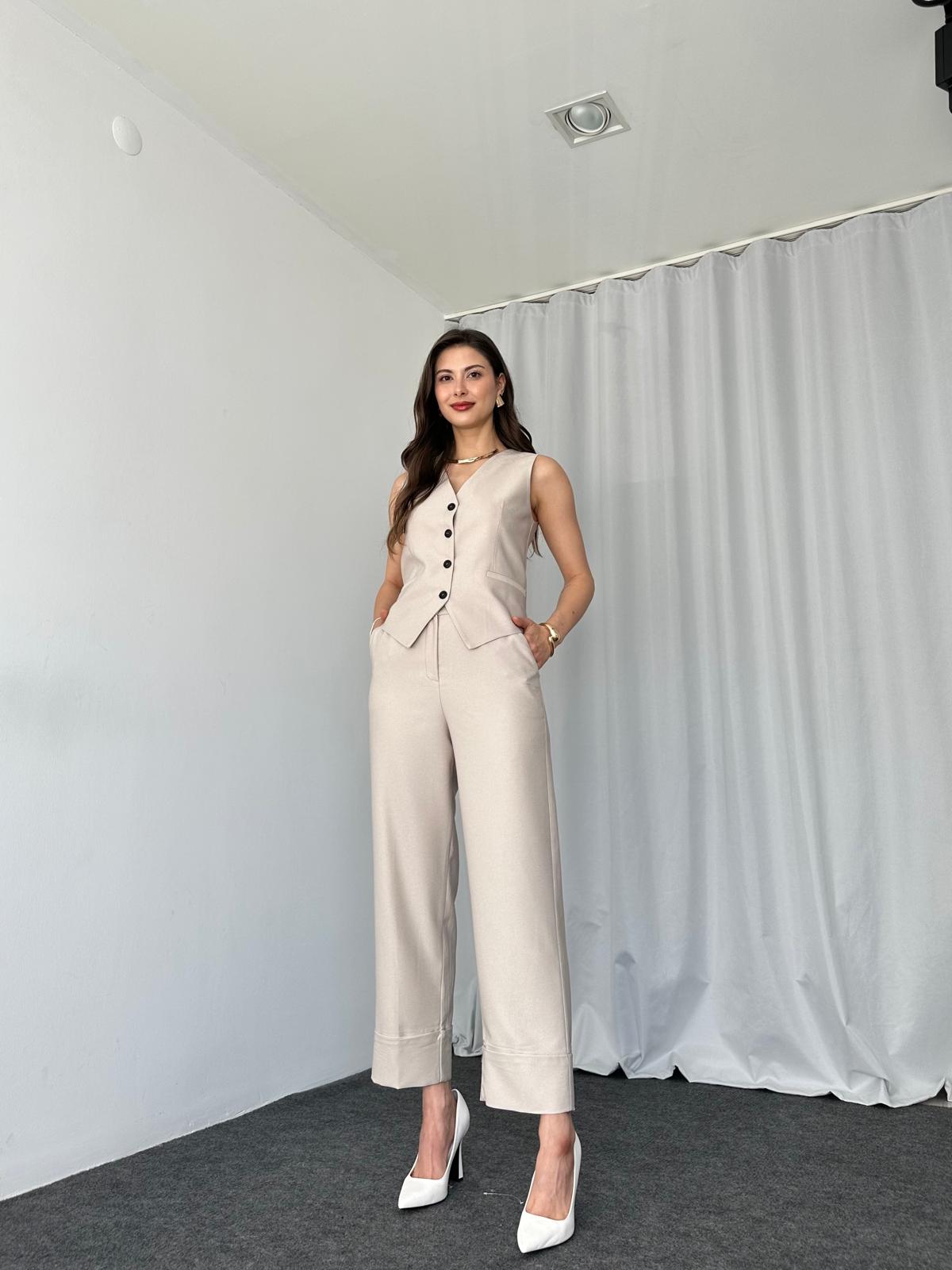 Kadın Taş Rengi Double Paça Pantalon-Yelek Takım - Görsel 3