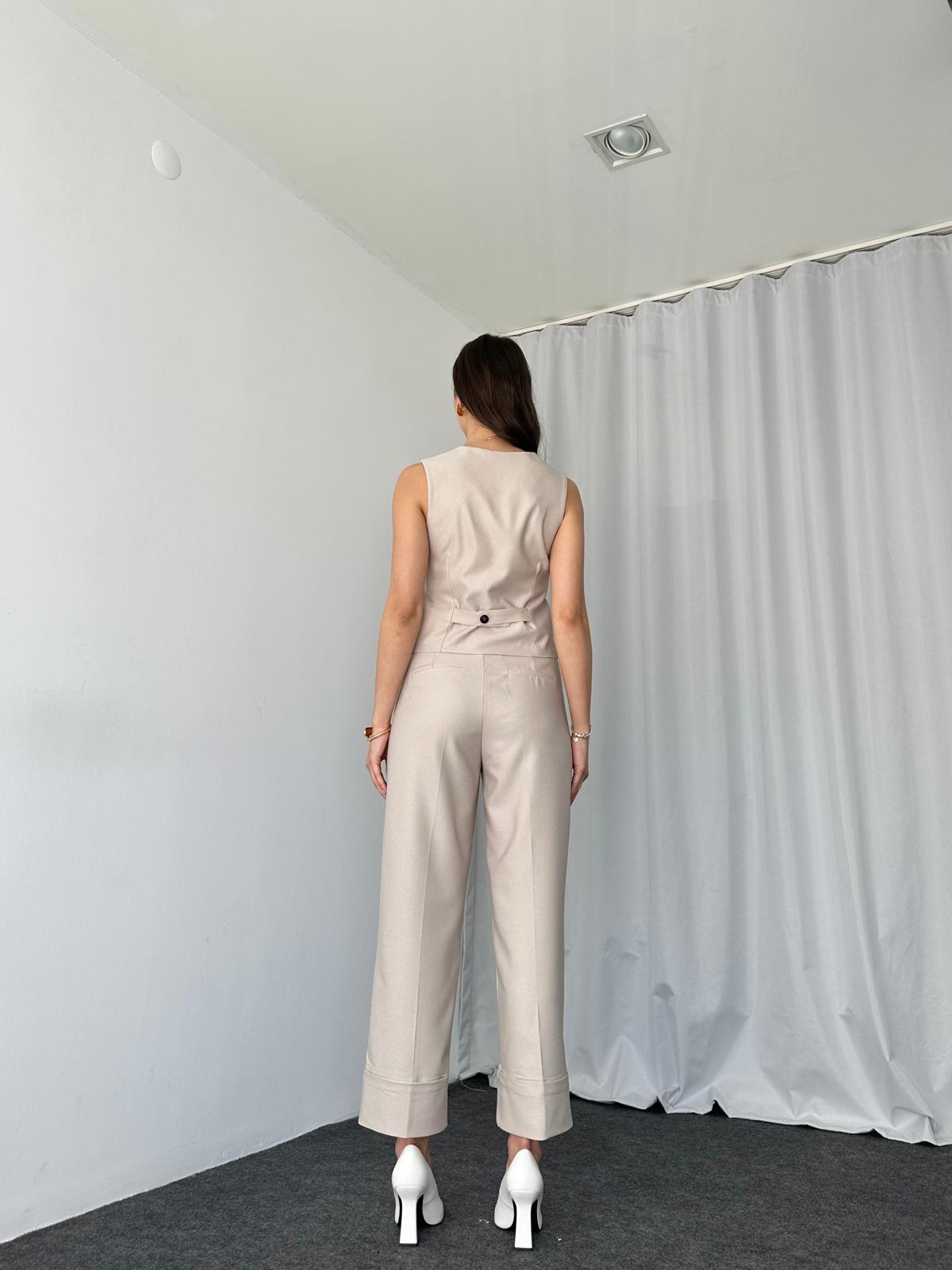 Kadın Taş Rengi Double Paça Pantalon-Yelek Takım - Görsel 4