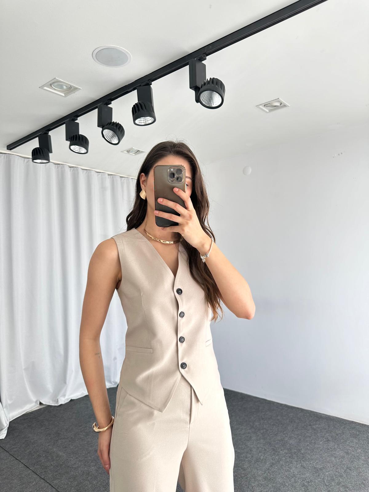 Kadın Taş Rengi Double Paça Pantalon-Yelek Takım - Görsel 5