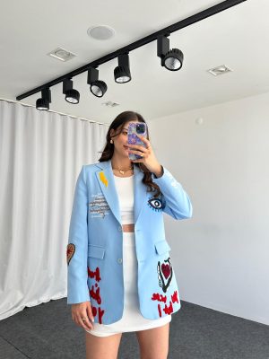 Nakışlı Tasarım Ceket (Bebek Mavisi)