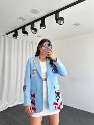 Nakışlı Tasarım Ceket (Bebek Mavisi)