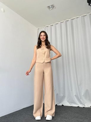 Silver Düğmeli Yelek-Pantalon Takım (Vizon)