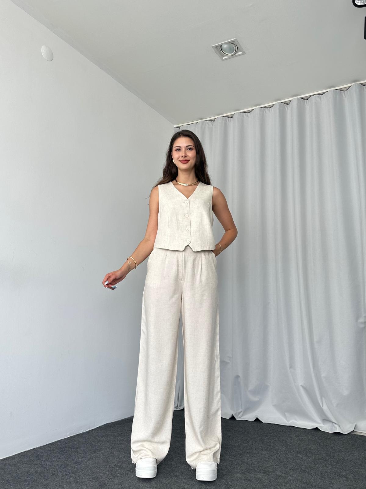 Kadın Keten Taş Rengi Shay Takım - Görsel 3