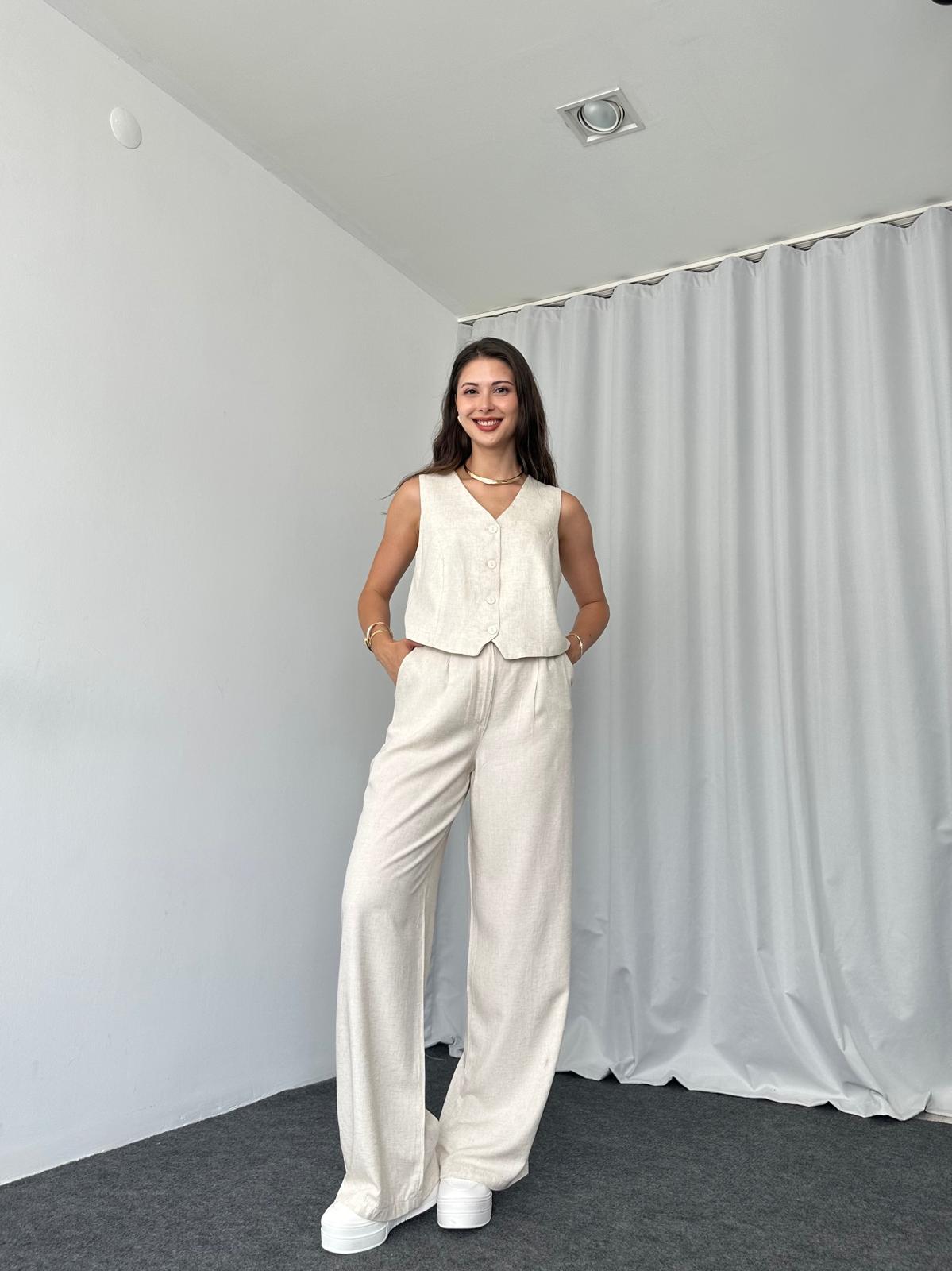 Kadın Keten Taş Rengi Shay Takım - Görsel 4