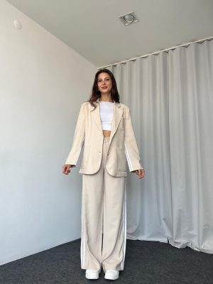 Perla Çizgili Takım (Krem)