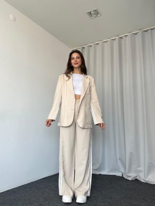 Perla Çizgili Takım (Krem)