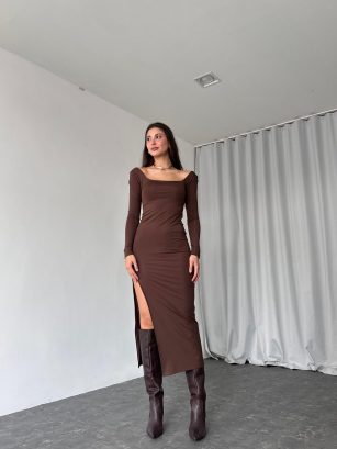 Basıc Kare Yaka Elbise(Kahverengi)