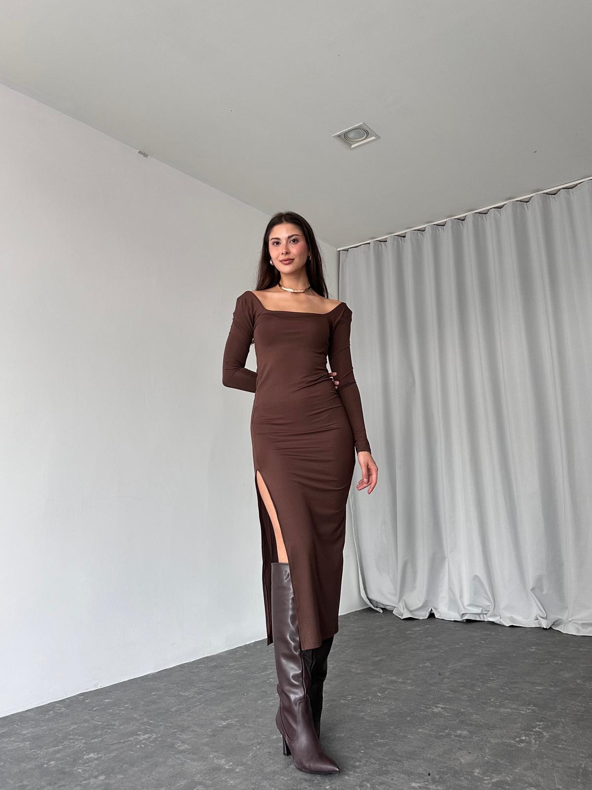 Basıc Kare Yaka Elbise(Kahverengi) - Görsel 3