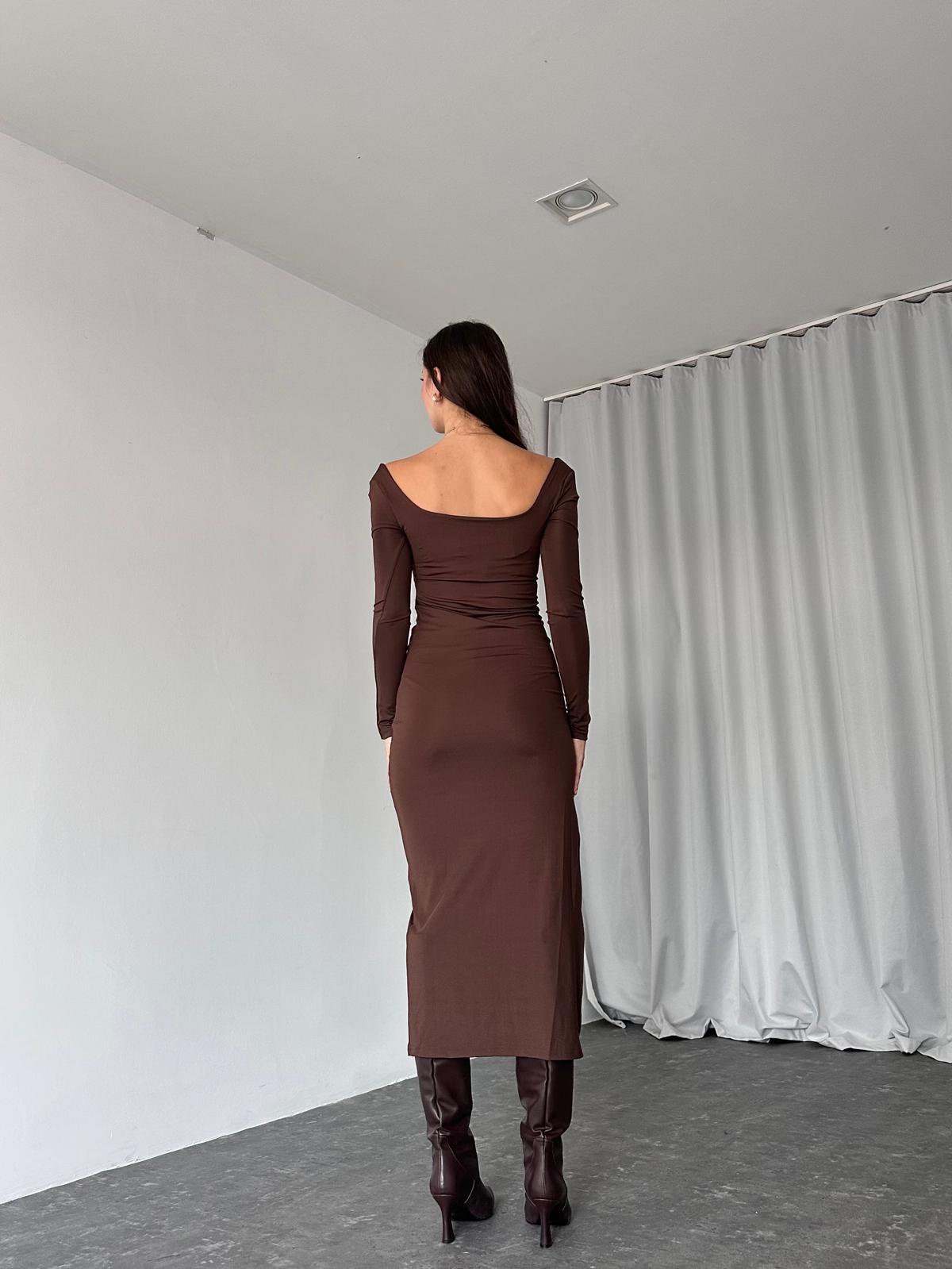 Basıc Kare Yaka Elbise(Kahverengi) - Görsel 6