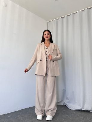 Çizgili Üçlü Takım (Taş Rengi)