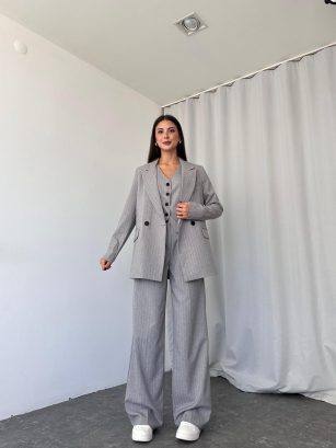 Çizgili Üçlü Takım (Gri)