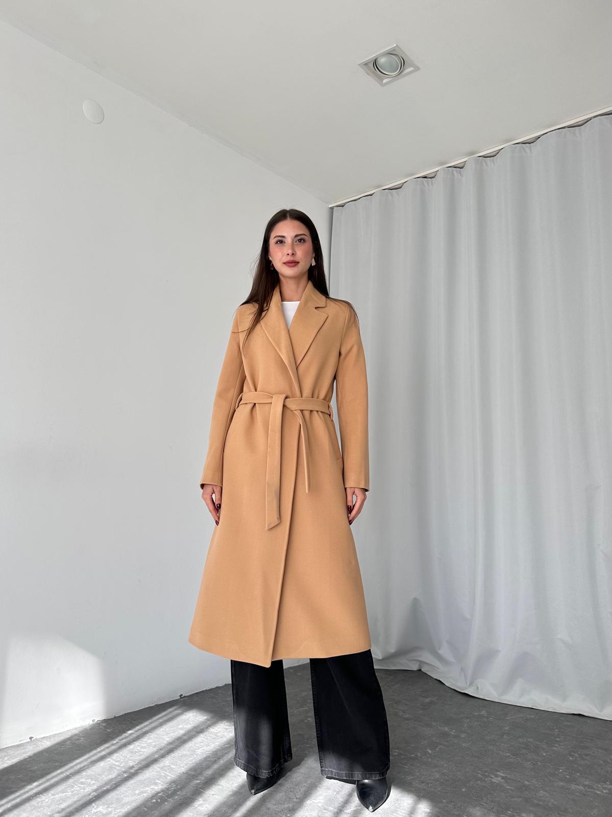 Kadın Camel Kuşaklı Kaşe Kaban - Görsel 2