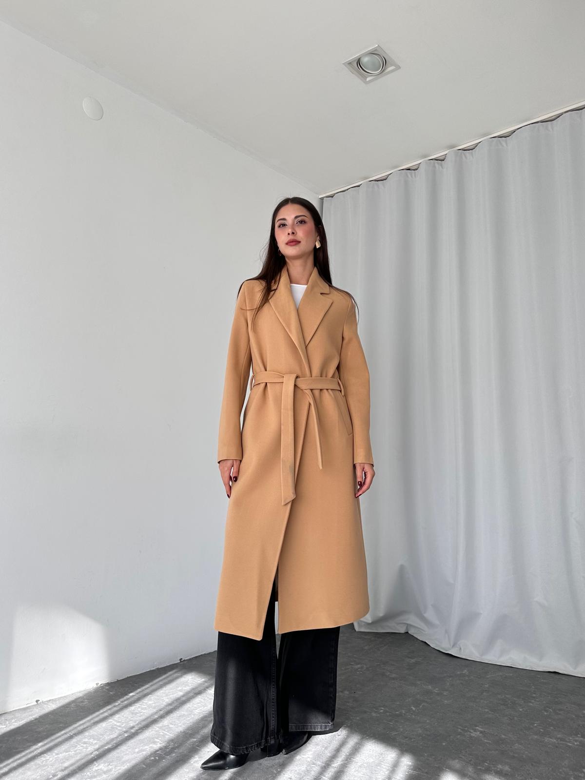 Kadın Camel Kuşaklı Kaşe Kaban - Görsel 4