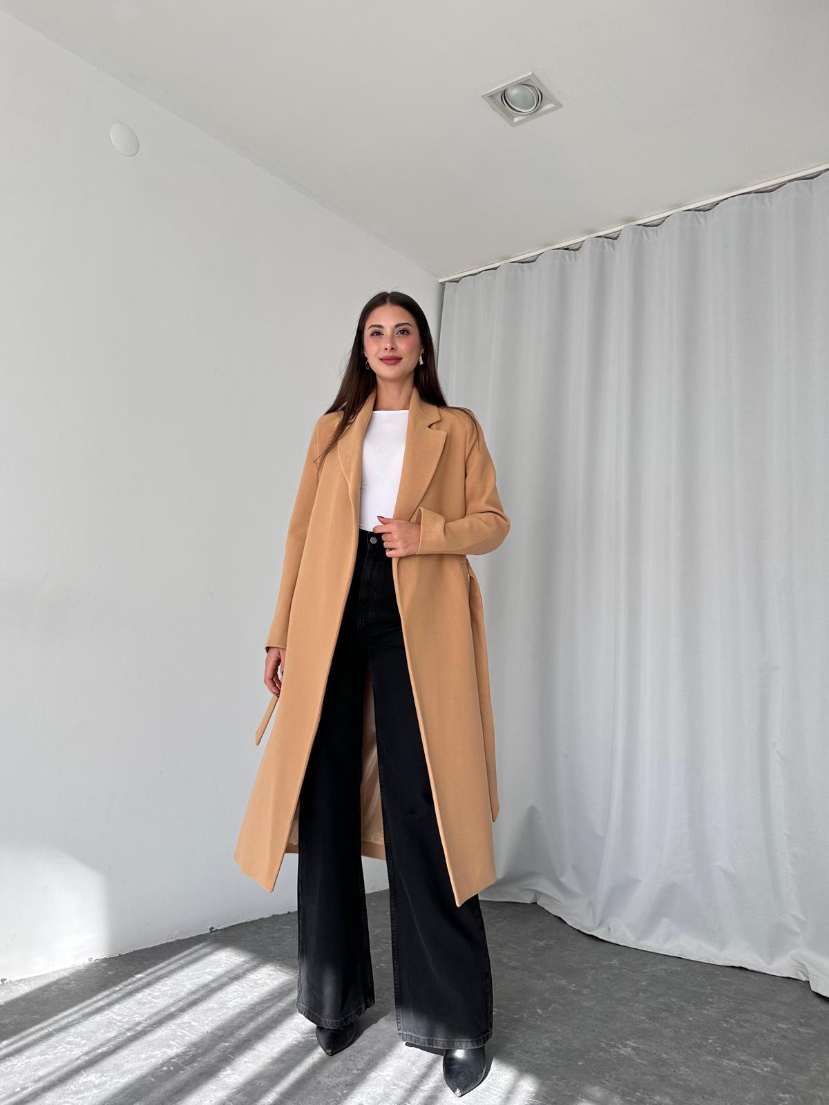 Kadın Camel Kuşaklı Kaşe Kaban - Görsel 5