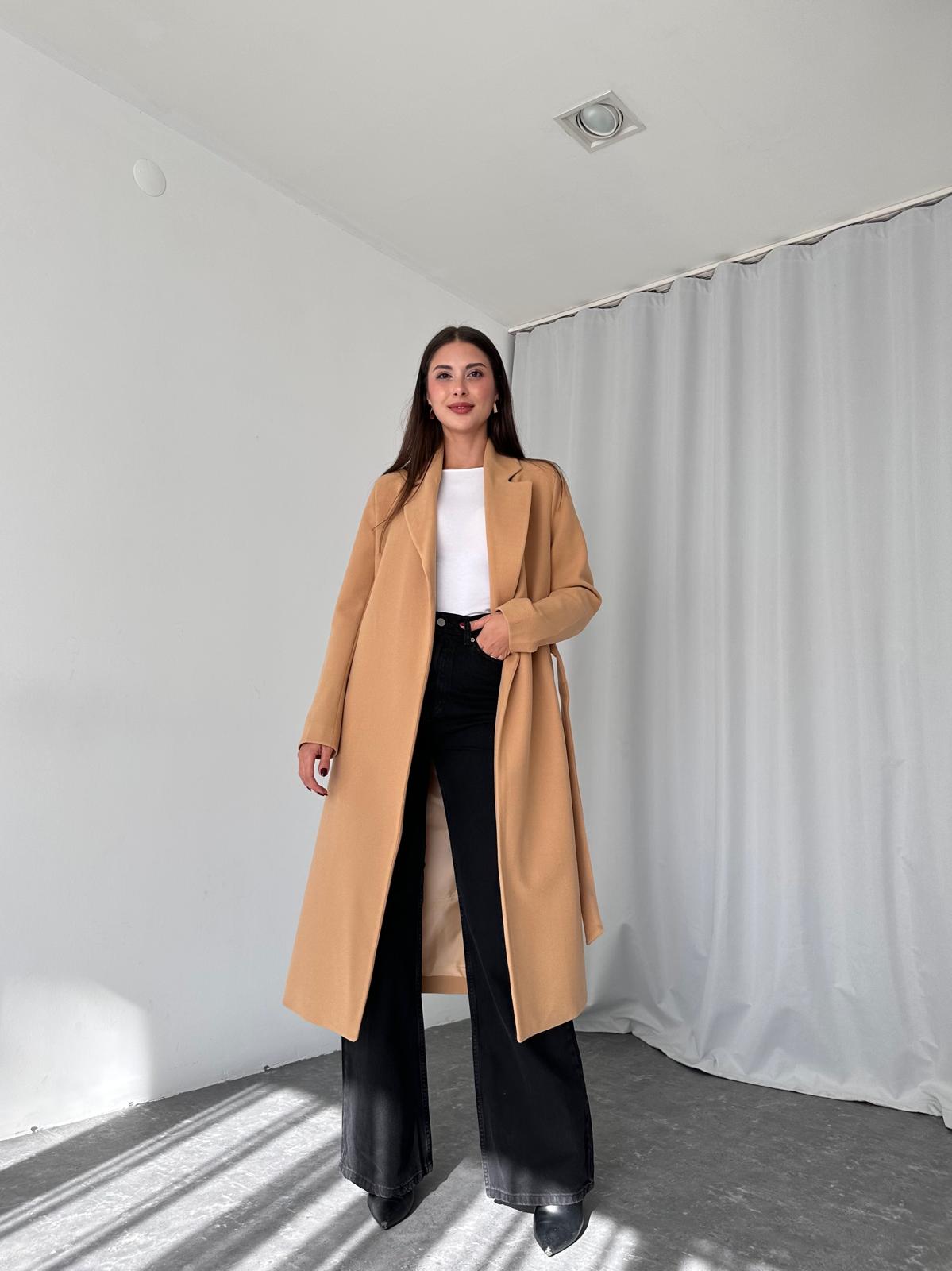 Kadın Camel Kuşaklı Kaşe Kaban - Görsel 8