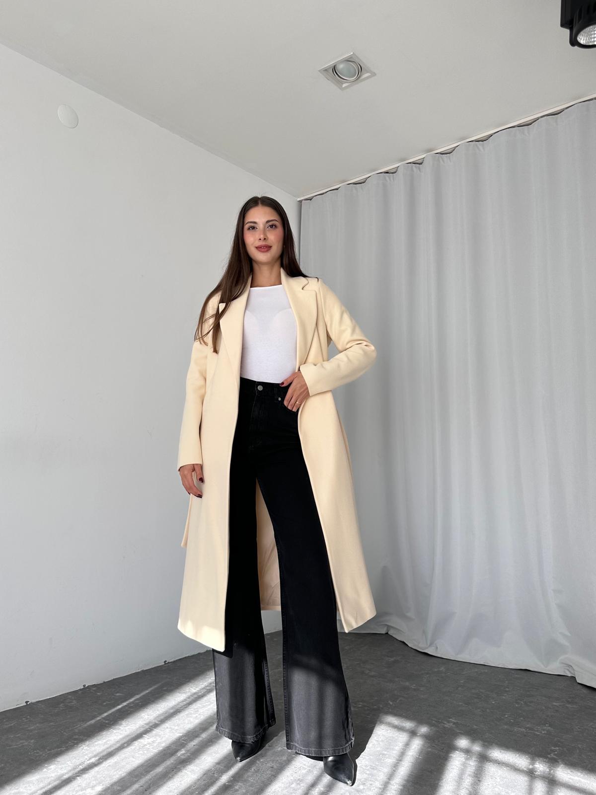 Kadın Krem Kuşaklı Kaşe Kaban - Görsel 2