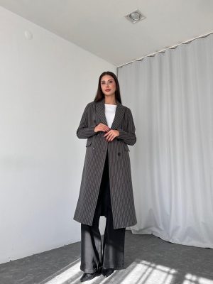Kadın Füme Çizgili Kaşe Kaban