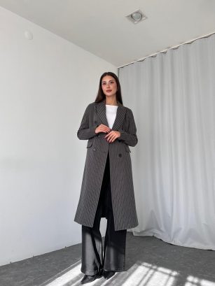 Kadın Füme Çizgili Kaşe Kaban