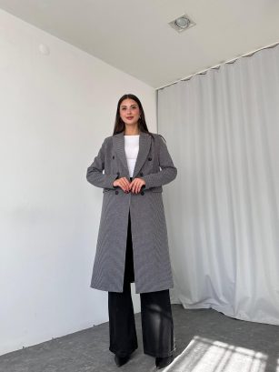 Kadın Gri Çizgili Kaşe Kaban