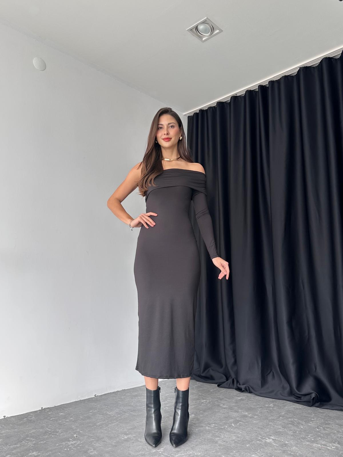 Kadın Siyah Tek Omuz Elbise - Görsel 7