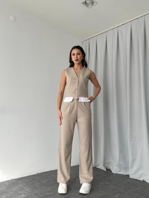 Kadın Taş Rengi Miu Yelek Takım