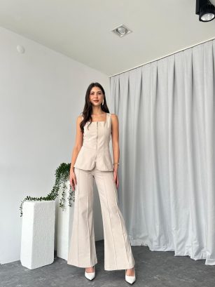 Kadın Taş Rengi Abbey Yelek-Plazzo Takım