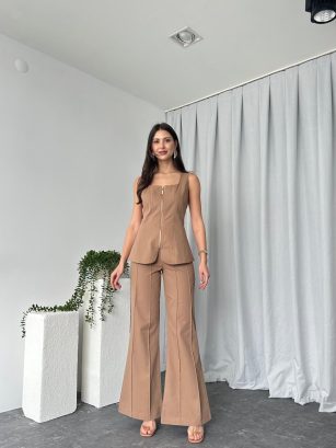Kadın  Kahverengi Abbey Yelek-Plazzo Takım