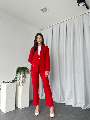 Kadın Kırmızı Lessi Ceket Pantolon Takım