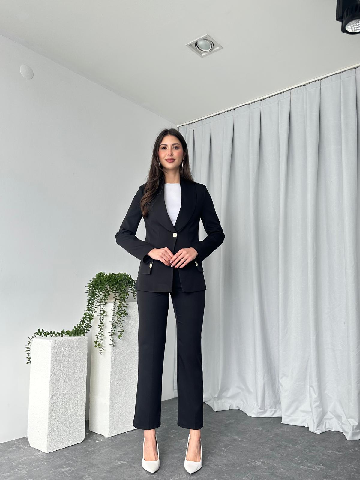 Kadın Siyah Lessi Ceket Pantolon Takım
