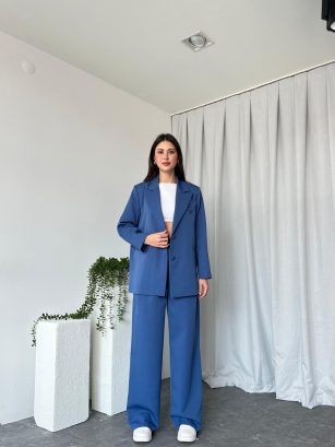 Kadın Oversize Mavi Aster Ceket Pantolon Takım