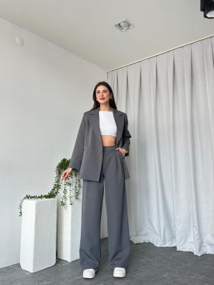 Kadın Oversize Füme Aster Ceket Pantolon Takım