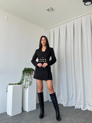 Kadın Siyah Chester Etek-Ceket-Crop Takım