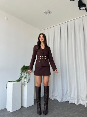 Kadın Kahverengi Chester Etek-Ceket-Crop Takım