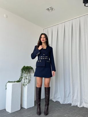 Kadın Lacivert Chester Etek-Ceket-Crop Takım